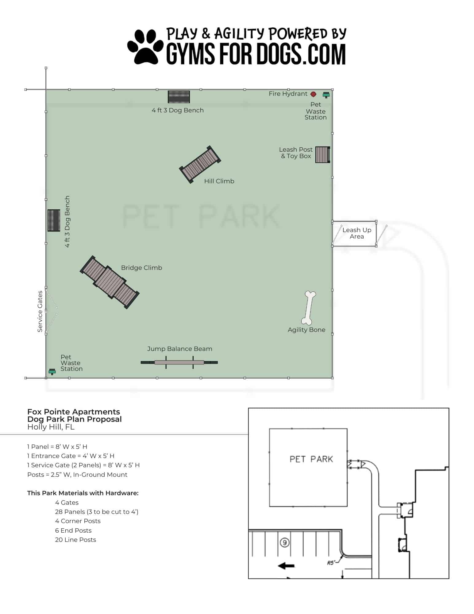 An overhead layout of a fenced Dog Park with agility features including benches, a bridge climb, hill climb, jump balance beam, water station, leash up area, and a site key with material info. 
