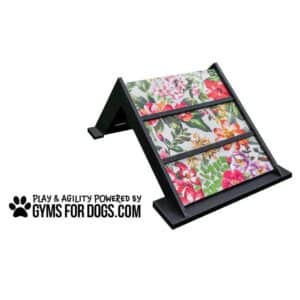 A colorful dog agility ramp with a floral pattern and black frame, displayed on a white background. Text reads: "PLAY & AGILITY POWERED BY GYMS FOR DOGS.COM" with a paw print logo.