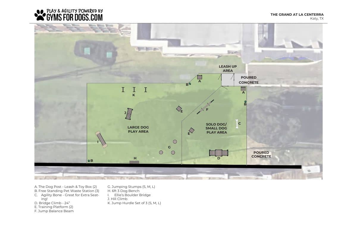 A labeled aerial map of the Dog Park at The Grand at La Centerra in Katy, TX, shows large and small dog areas with agility zones, equipment like bridges and stumps, poured concrete paths, and multiple entry points.