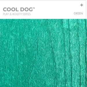 A textured surface in a vibrant green color under the heading "COOL DOG Play & Agility Series Green" with a minimalist white border at the top.