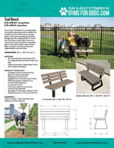 A woman sits on a brown bench beside a large black dog in a grassy, fenced Dog Park area. The image also shows bench diagrams, specifications, material details, warranty info, and contact details for "Gyms For Dogs.