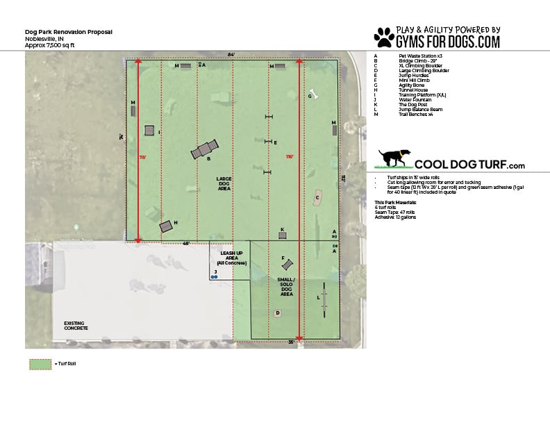 A site plan for a dog park renovation shows three agility areas with obstacles, a lead-up/isolation area, an existing building, and turf details. The park is enclosed and labeled for different dog activities.