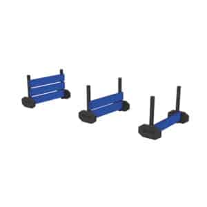 Three blue and black adjustable dog agility hurdles are shown in different height settings on a white background.