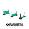 Three green and black dog agility jumps of varying heights are displayed above the text "Play & Agility Powered By GymsForDogs.com" with a paw print graphic.