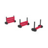 Three red and black adjustable dog agility hurdles are shown in various heights and positions on a white background.