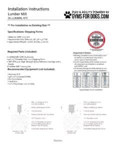 Black and white installation instructions sheet for the Lumber Mill, listing required parts, key notes, installation diagram, certification logos, and small graphics.