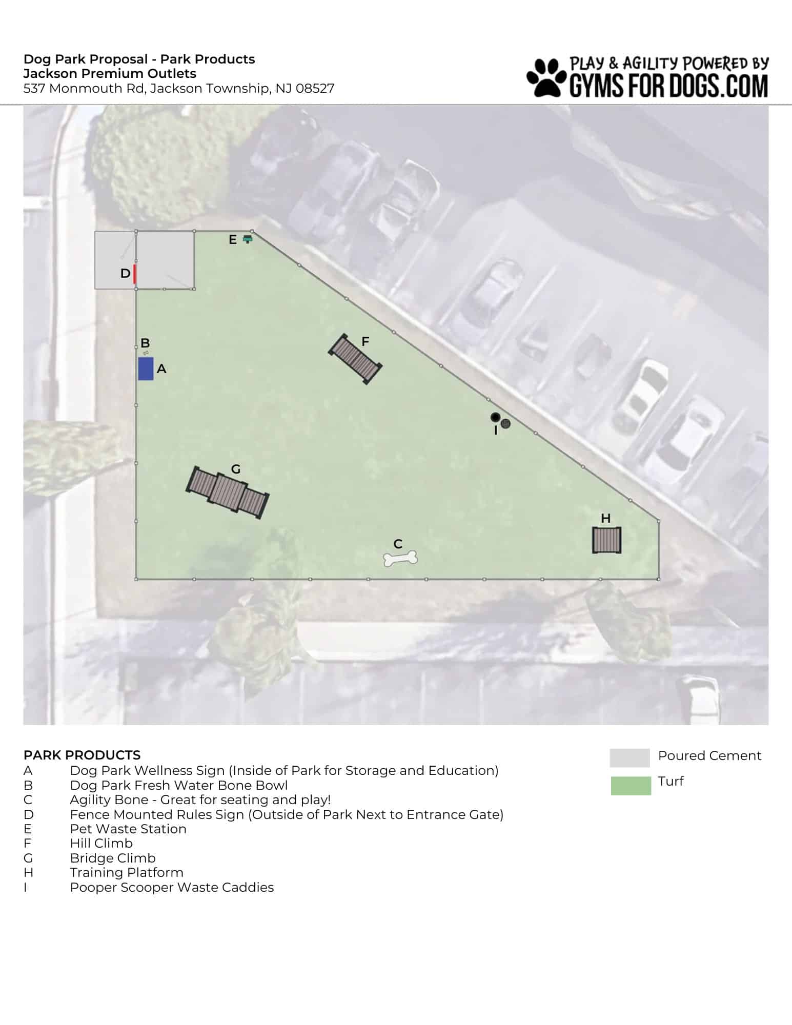A labeled site map highlights a proposed Dog Park featuring amenities such as a wellness station, fresh water bowl, seating, waste stations, hill climb, bridge climb, training platform, and caddies on both turf and cement areas.