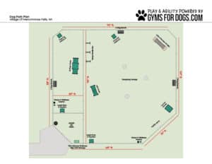 A map of a dog park in Menomonee Falls, WI, showing labeled areas for leash-free play, a leash area, benches, waste bins, walking paths, and a fenced perimeter with entry gates and a toy bin.