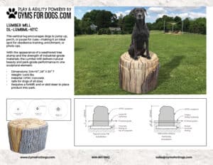 A black dog sits on a realistic, sculpted tree stump in a grassy outdoor area near agility equipment. Diagram and product details for a dog agility training sculpture are shown below.