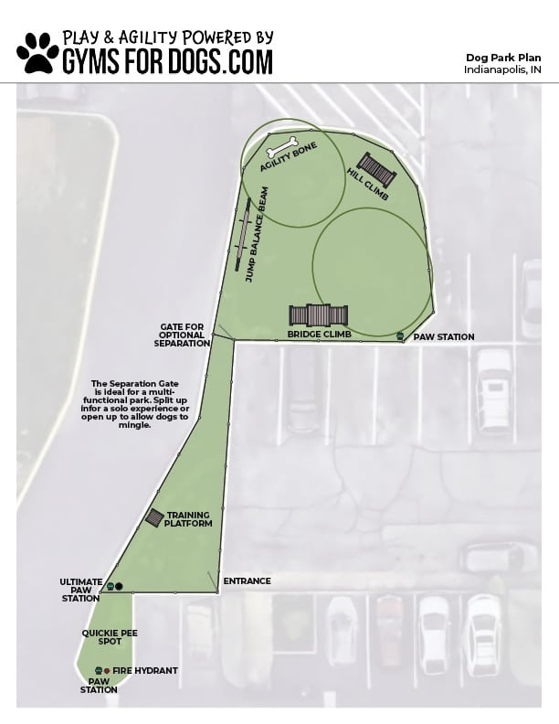 A map of a dog park in Indianapolis, IN, showing areas for agility, wall and bridge climbs, training, paw stations, a separation gate, and parking spaces. Paths and labeled features are clearly marked throughout the park.