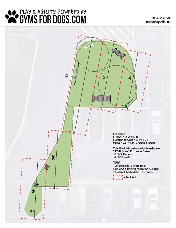 A site plan for a dog park showing fenced areas, gates, turf rolls, pathways, benches, and shaded structures. Labels indicate fence and turf roll dimensions and locations at The Marott in Indianapolis, IN.