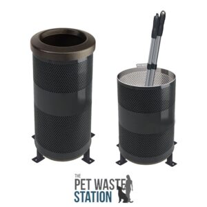 Two black metal outdoor bins with perforated sides—one for trash and one holding two poop scoopers—make this Dog Park essential. Below, “The Pet Waste Station” is displayed with a dog and person silhouette.