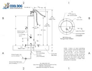 Technical diagram of a pet water fountain for a Dog Park, showing side and sectional views, labeled parts (hose, drain, water supply line), dimensions, assembly notes, and the "Cool Dog" Water Fountains logo at the top left.