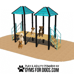 Four dogs sit and stand on a playground structure with ramps and stairs, designed for agility and play, on a tan surface. Text below reads: "Play & agility powered by gymsfordogs.com" with a paw print logo.