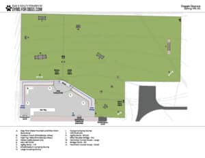 Site map of a doggie daycare outdoor play area with synthetic turf, labeled agility equipment such as jumping stumps, ramps, and a tunnel house, plus safety gates, benches, shaded area, and a bar tap near the entrance.