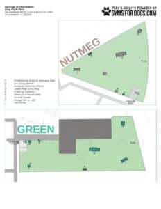 A map illustrates a Dog Park with two enclosed play areas, "Nutmeg" and "Green," featuring benches, ramps, tunnels, and hurdles. Entrances include leash-up areas, and a building separates the zones.
