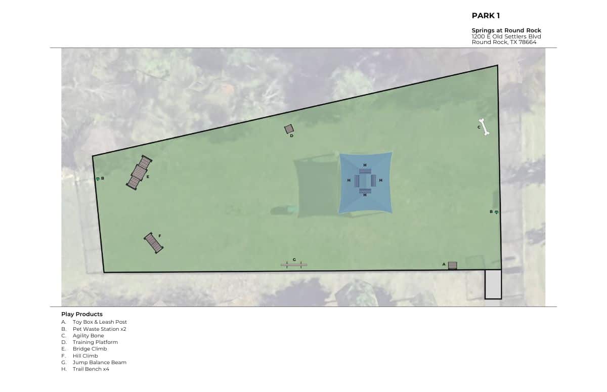 A site plan of Park 1 at Springs at Round Rock, featuring play equipment locations, a shaded play area, green grassy space, walking paths, a labeled legend of park features at the bottom left, and the nearby Dog Park.