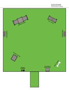 A diagram of a 50x50 Dog Park with labeled features: two trail benches, a bridge climb, a hill climb, a tunnel house, waste caddies, a toy box and leash post, and an agility bone, all set on a green field.