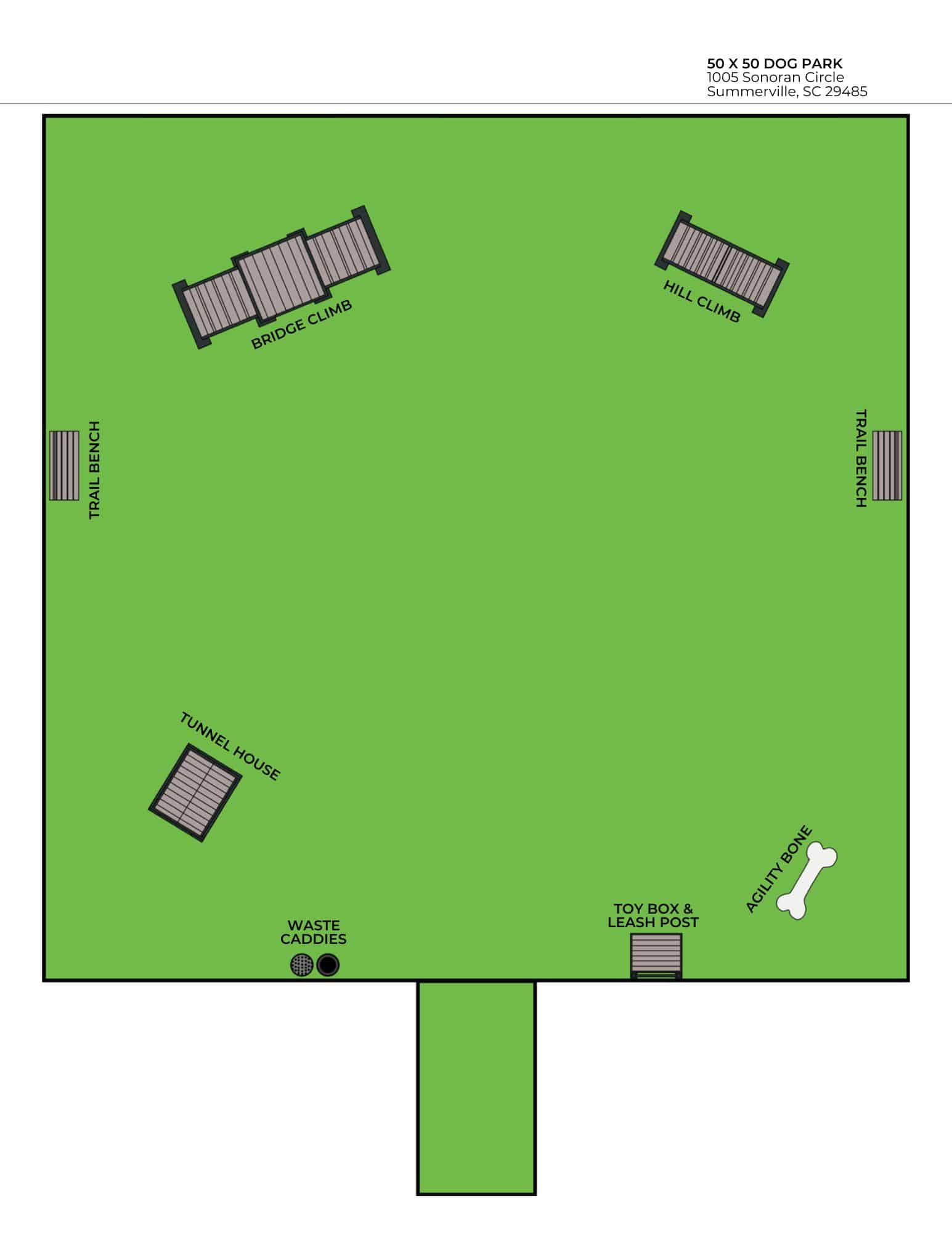 A diagram of a 50x50 Dog Park with labeled features: two trail benches, a bridge climb, a hill climb, a tunnel house, waste caddies, a toy box and leash post, and an agility bone, all set on a green field.