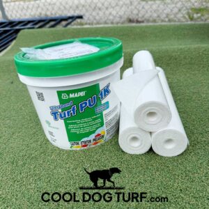 A tub of Mapei Ultrabond Turf PU 1K adhesive and three rolled-up white sheets rest on artificial turf. The Cool Dog Turf logo with a dog silhouette and text is visible at the bottom.