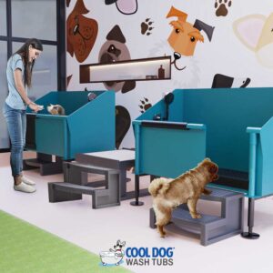 A woman bathes a small dog in a blue wash tub while another brown dog waits on steps in front of a second tub. The room has dog-themed wall art and gray steps for the tubs. "Cool Dog Wash Tubs" logo is visible.