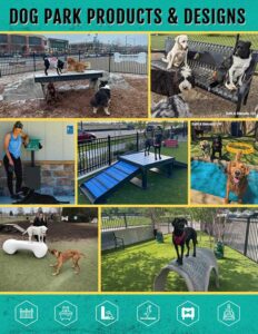 Collage of various outdoor dog parks showing different dog agility products, including ramps, tunnels, platforms, and happy dogs playing or posing on the equipment. Text at top reads "Dog Park Products & Designs.
