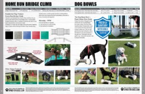 A product catalog showing a Home Run Bridge Climb play structure for dogs, available in various colors, and sturdy white dog bowls, with images of dogs playing on equipment and drinking from bowls outdoors.