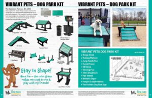 Dog park equipment kit advertisement showing play structures like bridge climb, hurdle, tunnels, benches, pet waste station, and dogs playing on the equipment. Includes a cartoon dog and a dog using the park. Text details kit features.