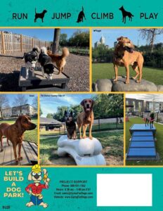 A collage of dogs playing in a fenced dog park, climbing on rocks and agility equipment under sunny skies. Cartoon dog mascot and text promote building a dog park, with project support contact details at the bottom.