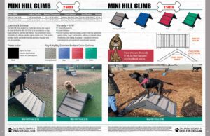 A product brochure shows mini hill climb ramps for dogs in two sizes, color options, and usage details. Images depict dogs walking on the ramps at a dog park. Text highlights exercise benefits and product features.