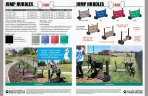 An informational flyer displays dog jump hurdles in three sizes, with photos of dogs using the hurdles. It includes product specs, surface color options, warranty details, and highlights the fitness benefits of jumping for dogs.