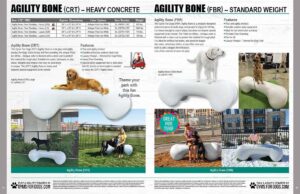 Side-by-side comparison of heavy concrete and standard weight agility bone dog park structures, including specs, features, images of dogs and people using them, and installation details in outdoor park settings.