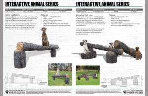 Informational poster showing two wooden dog agility equipment pieces: a balance log and a pack log. Both feature dogs standing and interacting with the logs in grassy outdoor settings, plus diagrams and key features.