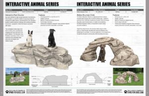 Two large artificial rock structures are shown with dogs demonstrating their use. One structure is a boulder with ledges, while the other forms an arch tunnel. Text describes their interactive features for dog play.