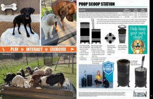 Two pages: Left—photos of dogs playing outdoors and drinking from a water station, with text "PLAY INTERACT EXERCISE." Right—product page featuring pet waste stations, details, and a sign promoting pet waste cleanup.