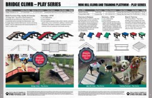 Informational flyer displays modular dog play structures—ramps, bridges, steps—and photos of dogs using them at daycare. Includes dimensions, product features, warranty info, and design variations for exercise and training.