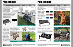 A catalog page displays various park benches with photos, color options, dimensions, and pricing. Pictures show benches alone, in parks, and dogs sitting on or near the benches. Text details features and specifications.