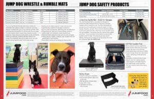 A catalog page displays Jump Dog wrestling and rumble mats on the left, with photos of dogs sitting on mats, perfect for Dog Park fun. On the right are Jump Dog safety products: a car harness, agility mat, SUV ramp, and step.
