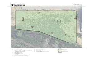 A site plan for a Dog Park proposal labeled "The Edge Apartments Dog Park," showing a fenced, irregularly shaped area with icons for agility features, benches, and surfaces of natural grass and poured concrete.