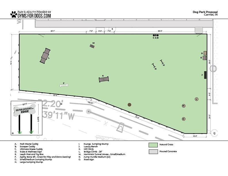 A labeled map of a dog park shows agility equipment, benches, waste stations, and water areas on natural grass, with paved paths and dog-friendly features in a fenced, irregularly-shaped enclosure.