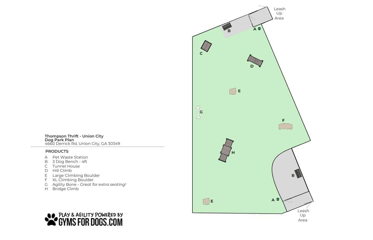 A detailed Dog Park map of Thompson Thrift in Union City, CA, labels agility equipment, benches, and leash-up areas on grass. Icons for each product and the park’s address appear on the left.