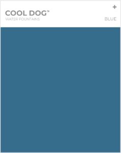 A minimalist product label with "COOL DOG Water Fountains" and "BLUE" written at the top, above a large solid blue rectangle filling most of the image.